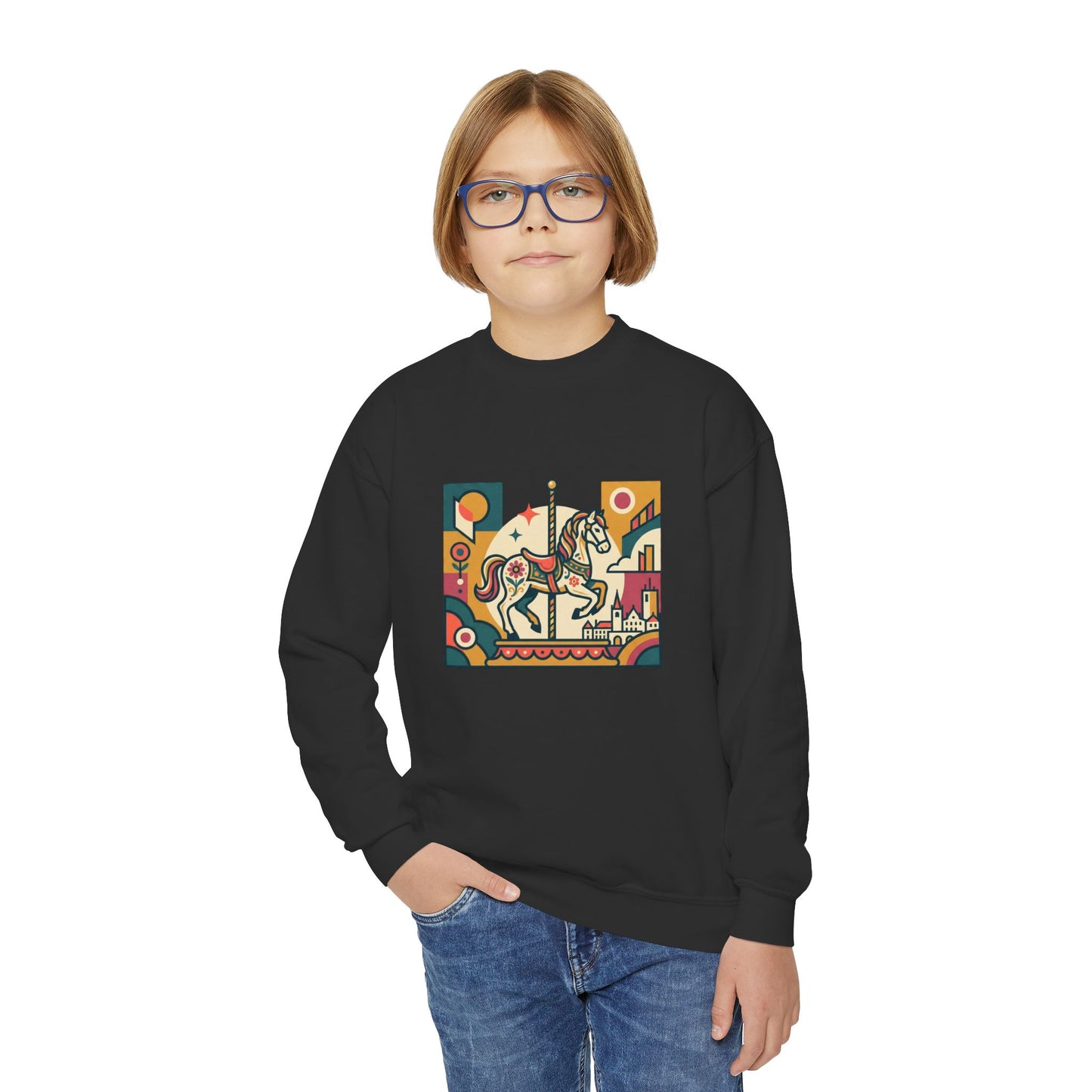 Youth Crewneck Sweatshirt — Retro Carousel Horse Graphic