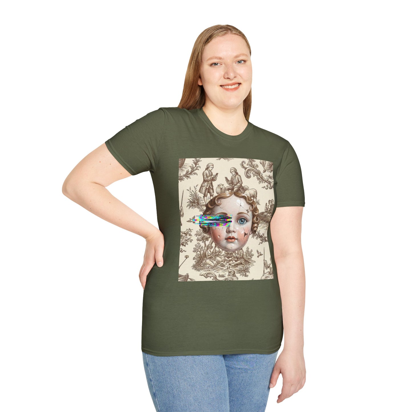 Vintage Doll Face Tee with Glitch Paint Splash