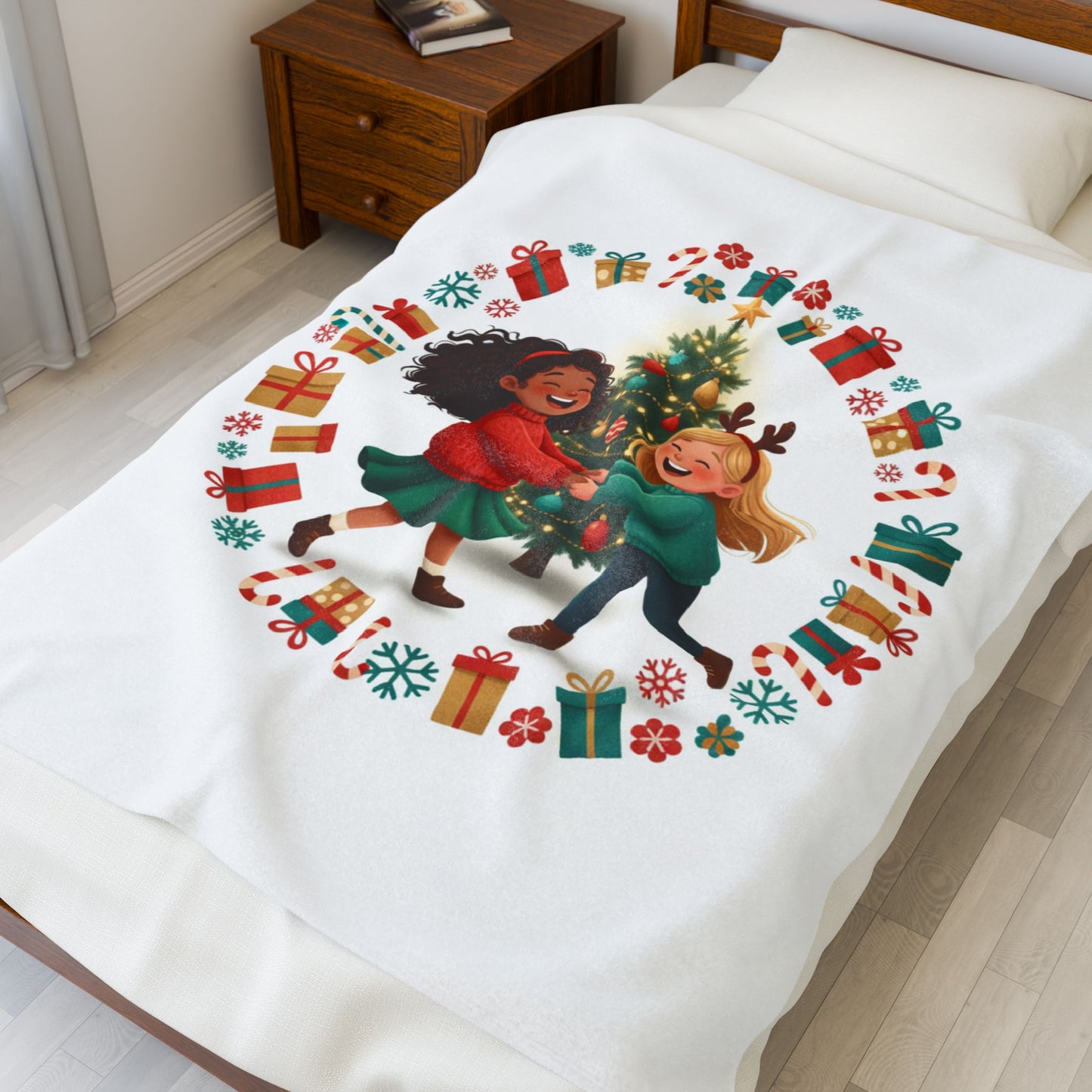 Holiday Kids Christmas Tree Blanket — Festive Gift-Wrap Wreath Design (free shipping)