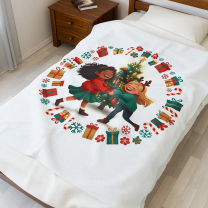 Holiday Kids Christmas Tree Blanket — Festive Gift-Wrap Wreath Design (free shipping)