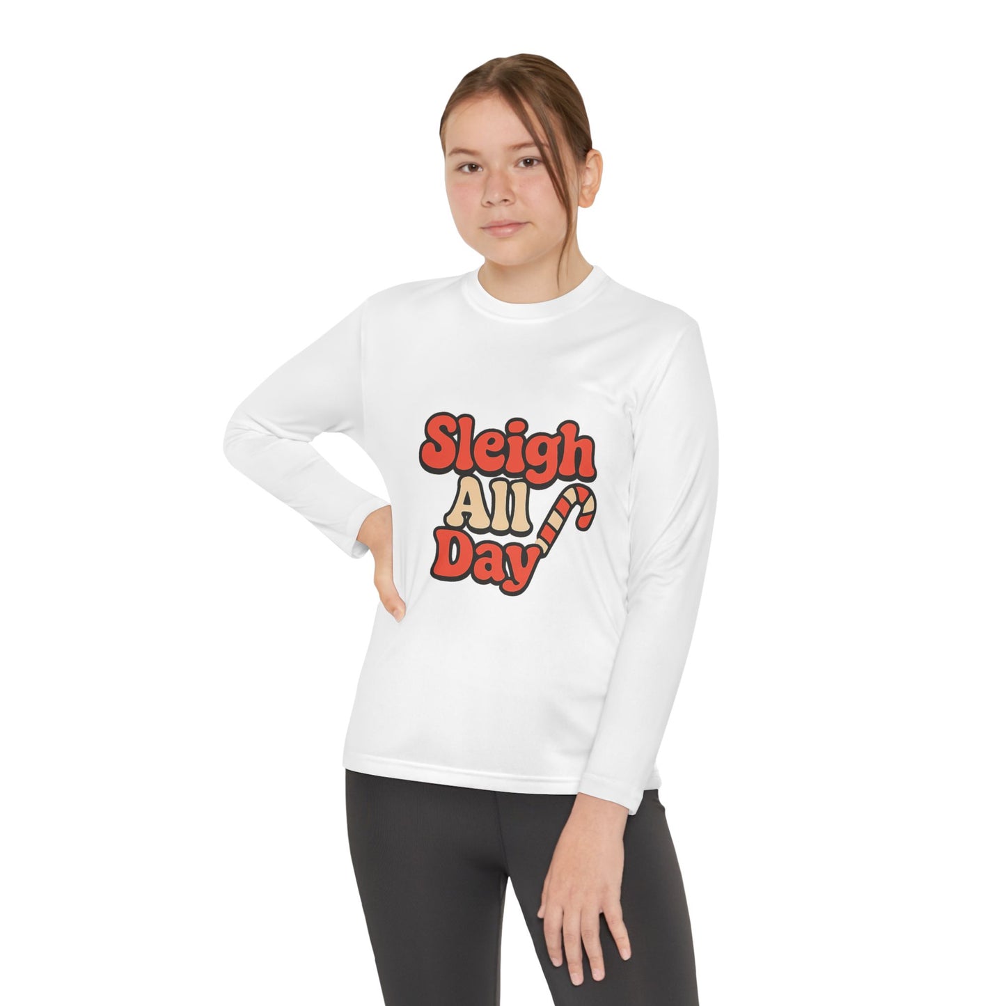Youth Long Sleeve Tee — "Sleigh All Day" Christmas Candy Cane Holiday Shirt