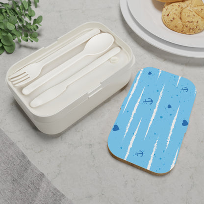 Nautical-Themed Bento Lunch Box with Blue Stripes and Anchors