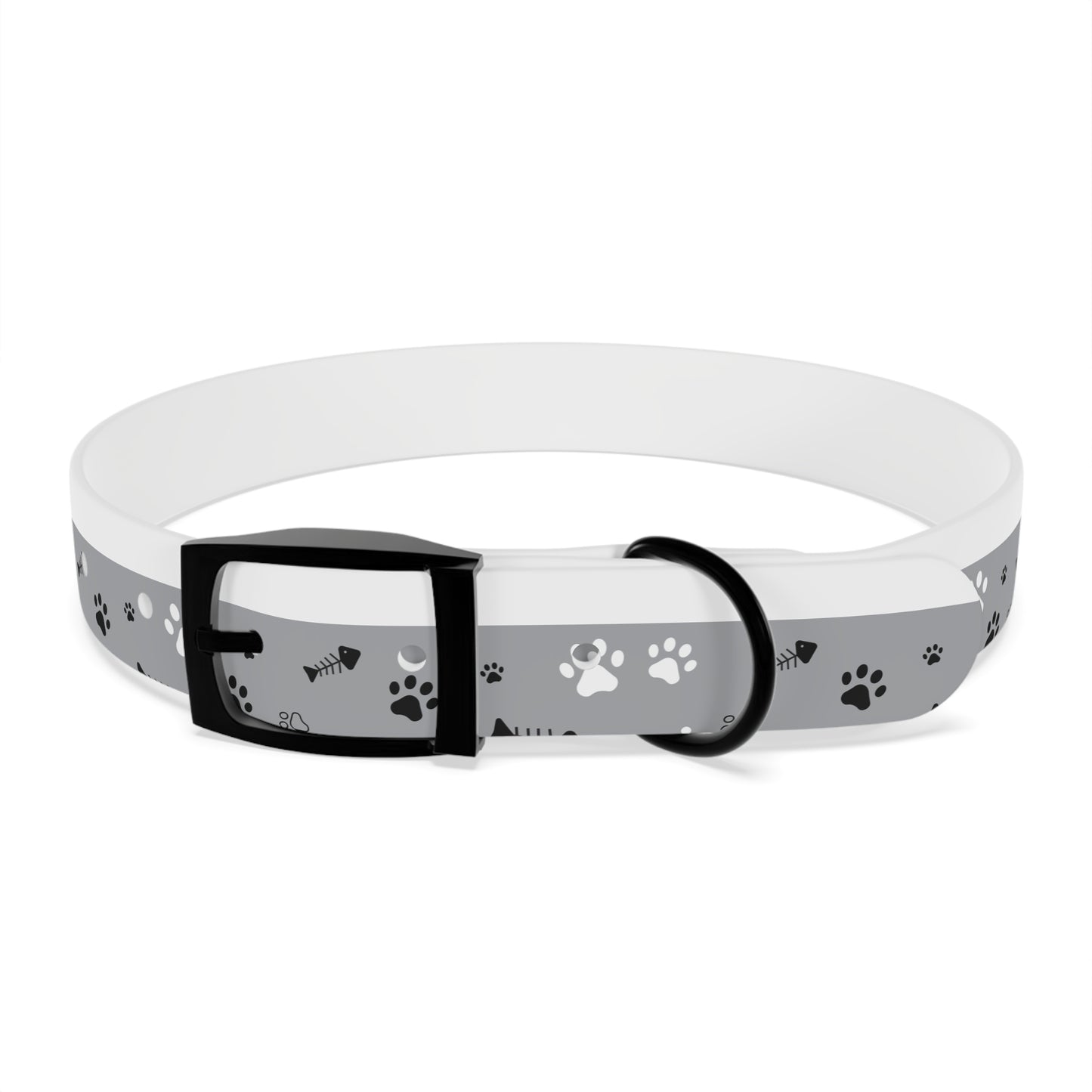 Grey Paw Print Dog Collar — Cute Bone & Paw Design, Durable Adjustable Pet Collar