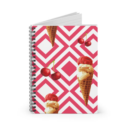 Cherry Ice Cream Cone Spiral Notebook — Pink Geometric Ruled Journal