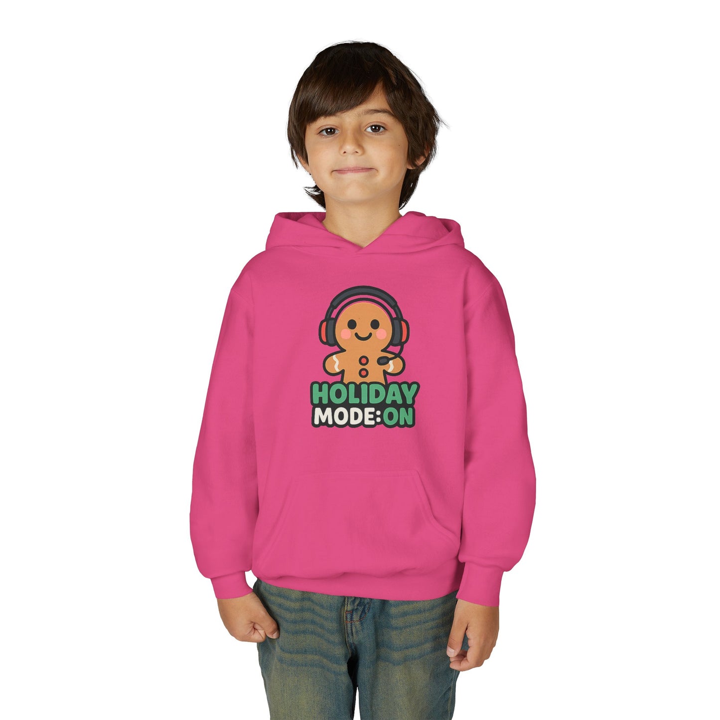 Youth Hoodie — 'Holiday Mode On' Gingerbread Headphone Christmas Sweatshirt