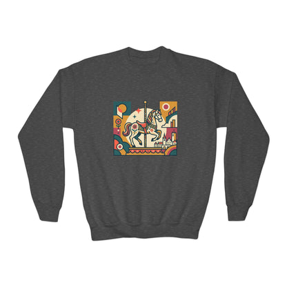Youth Crewneck Sweatshirt — Retro Carousel Horse Graphic