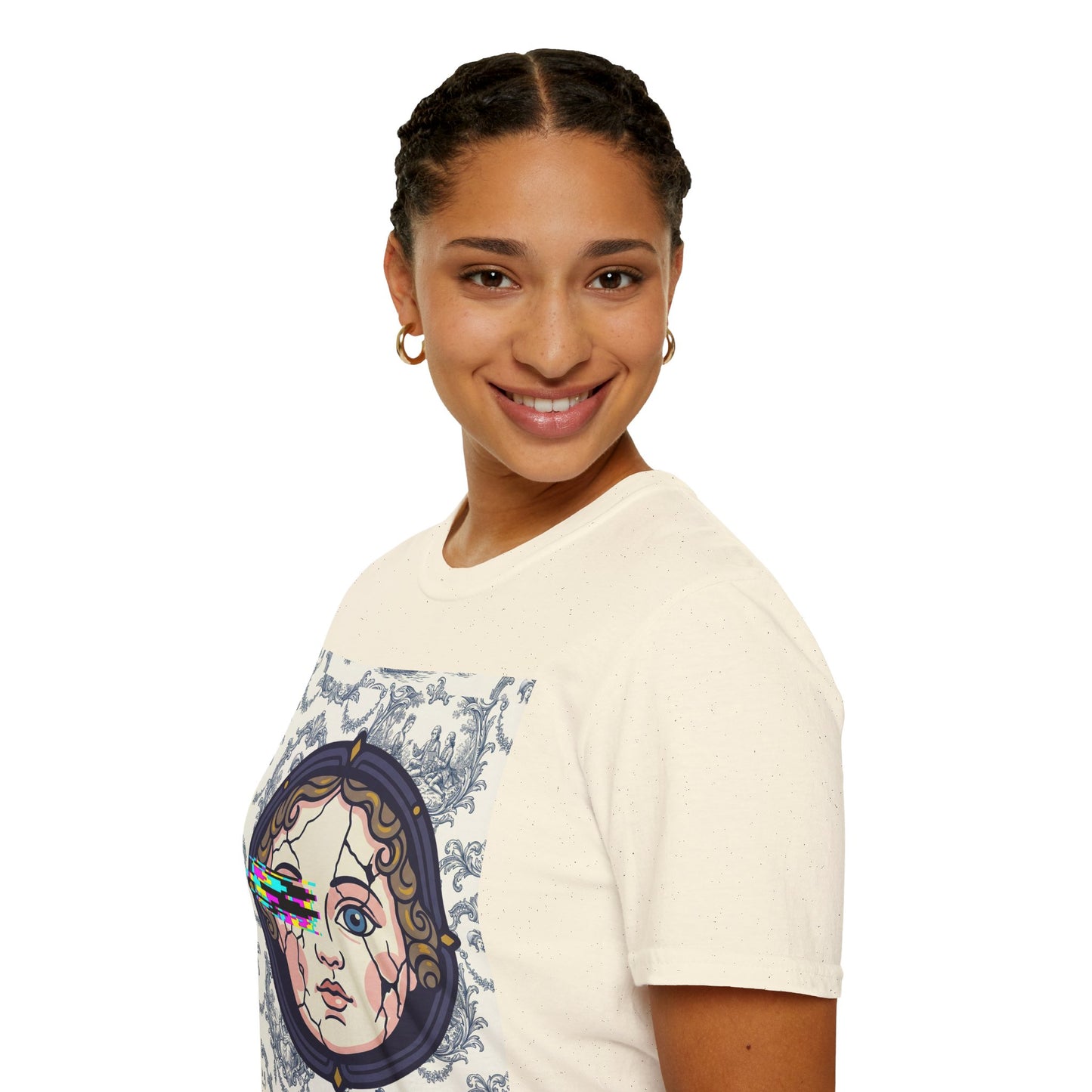 Glitch retro cracked porcelain doll face- Rococo Smartphone Toile - T-Shirt — Retro Mythology Art Tee