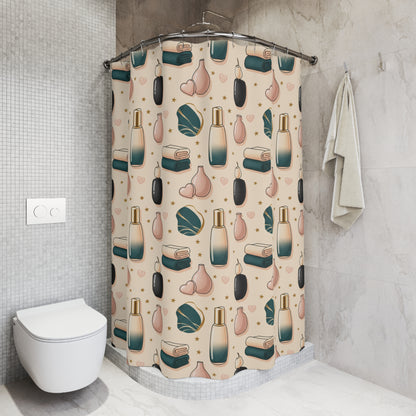 Spa Bathroom Shower Curtain — Relaxing Bath Icons Pattern (Candles, Towels, Bottles) (free shipping)