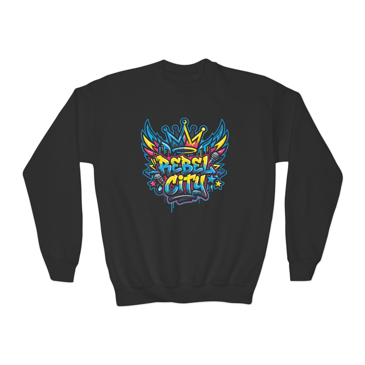 Youth Crewneck spray paint style- Sweatshirt - Colorful Rebel City Graffiti Crown Design