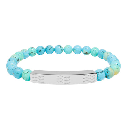Engravable Natural Stone Stretch Bracelet — Beaded Bar Bracelet with Custom Engraving (Howlite & Pastel Amazonite)