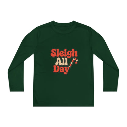 Youth Long Sleeve Tee — "Sleigh All Day" Christmas Candy Cane Holiday Shirt