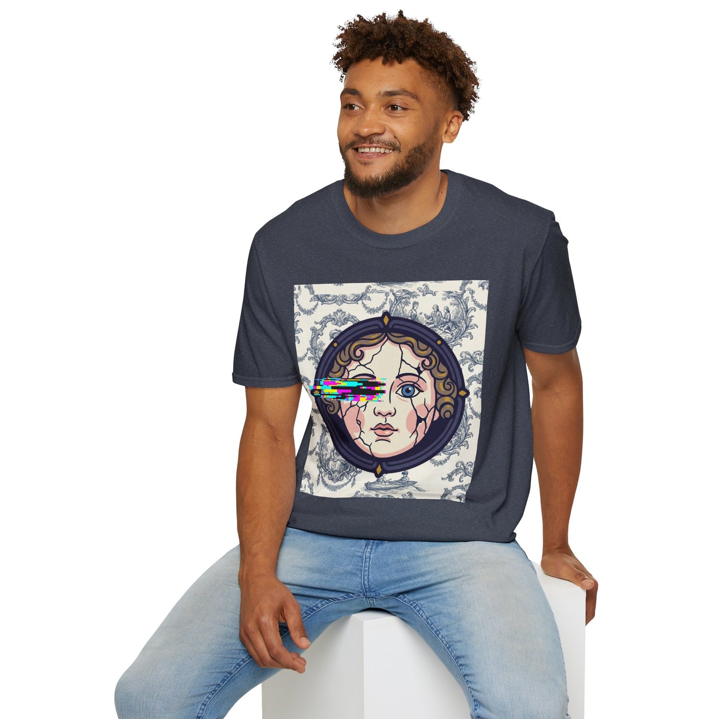 Glitch retro cracked porcelain doll face- Rococo Smartphone Toile - T-Shirt — Retro Mythology Art Tee