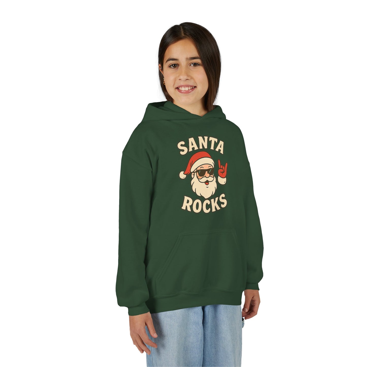 Youth Hoodie — "Santa Rocks" Cool Santa Christmas Sweatshirt