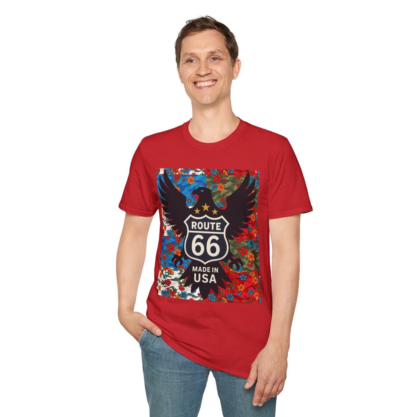 Route 66 Made in USA T-Shirt — Vintage Eagle Floral Roadtrip Tee- camo flower combo T-shirt