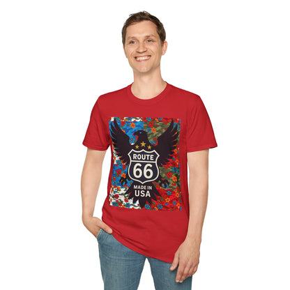 Route 66 Made in USA T-Shirt — Vintage Eagle Floral Roadtrip Tee- camo flower combo T-shirt