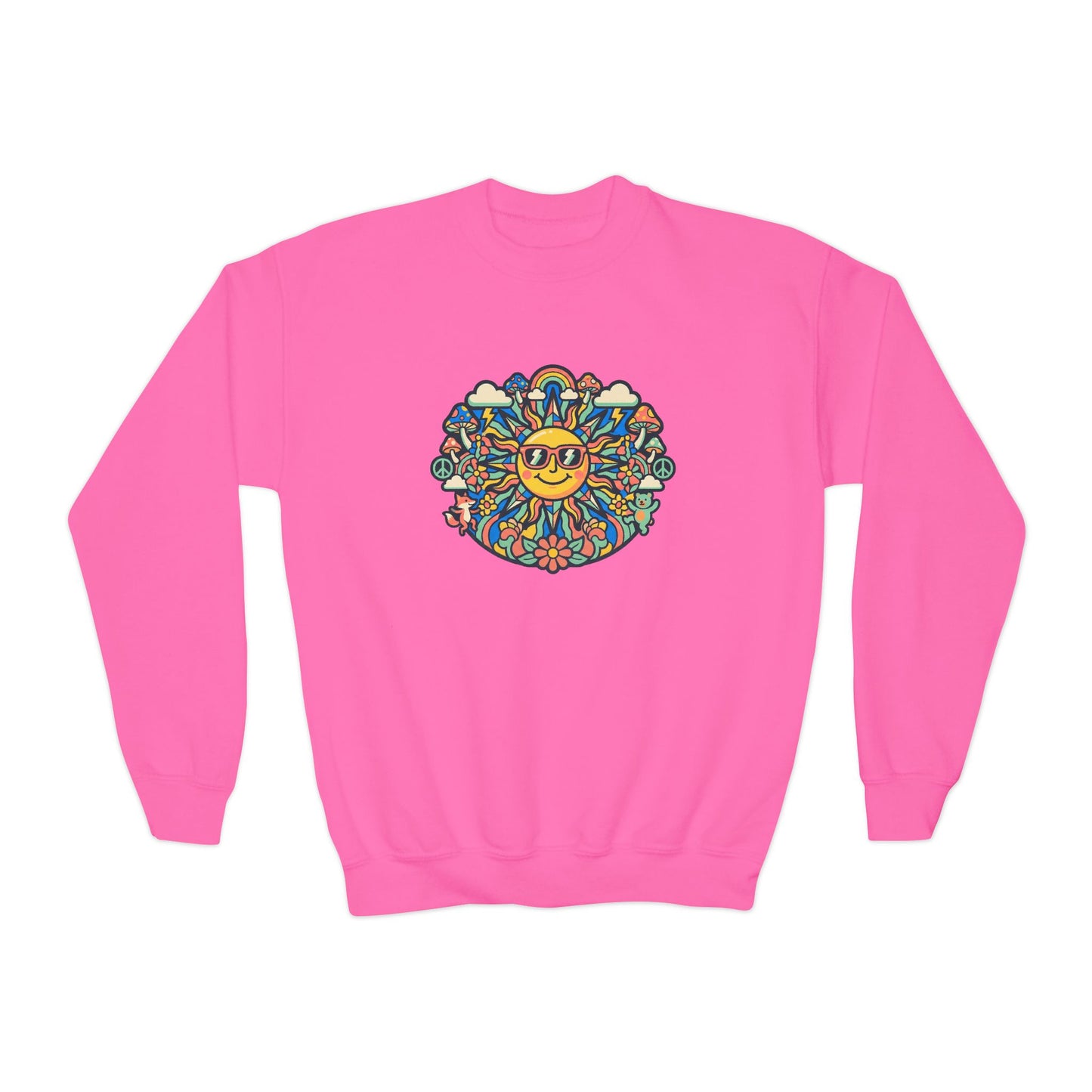 Youth Y2K Aesthetic - Crewneck Sweatshirt — Colorful Retro Sun & Floral Graphic