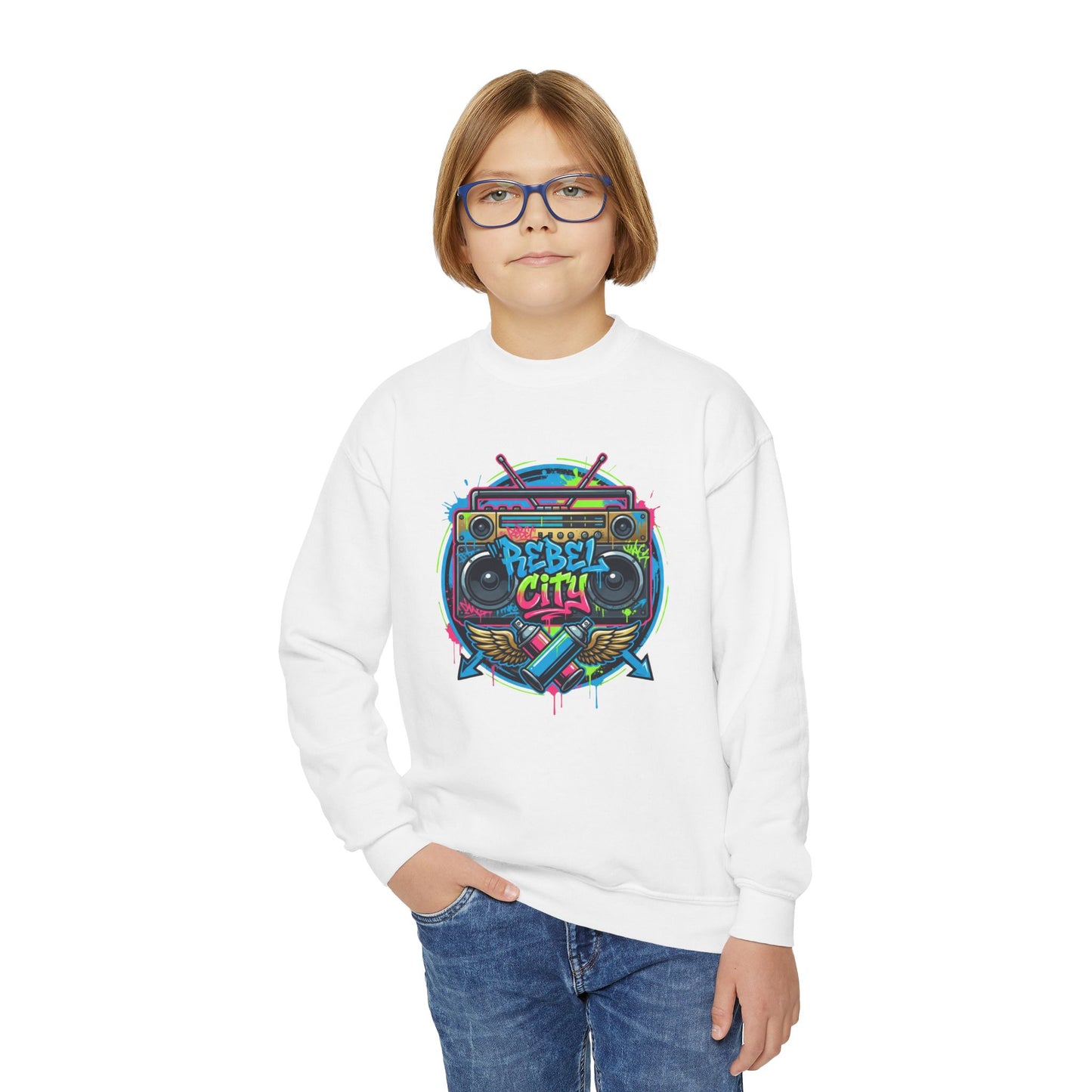 Youth Crewneck Sweatshirt — Vibrant Retro Boombox “Rebel With” spray paint Graphic