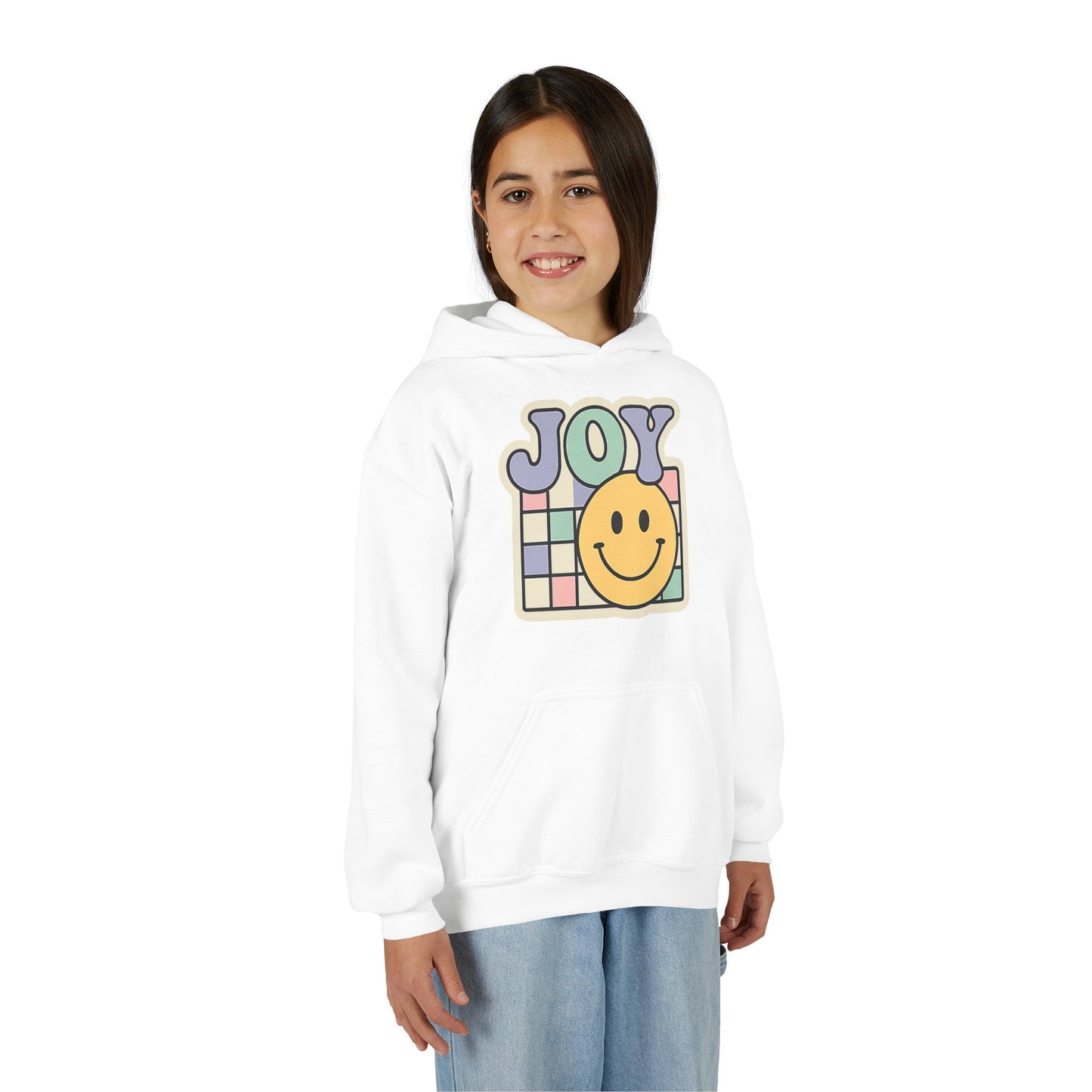 Girls Youth Hoodie – Retro 'JOY' Smiley Graphic Kids Sweatshirt