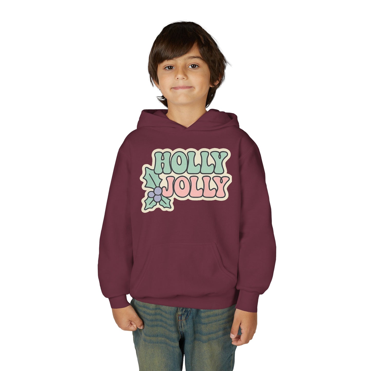 Girls Youth Hoodie — 'Holly Jolly' Pastel Christmas Holiday Sweatshirt