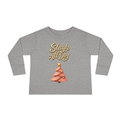 Sleigh All Day Toddler Long Sleeve Tee — Cute Pink Christmas Tree Holiday Shirt