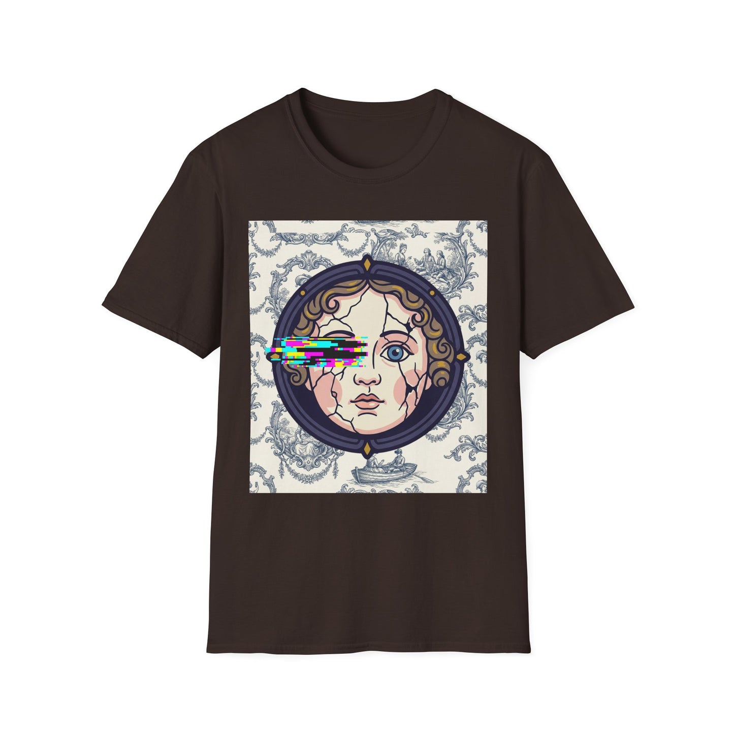 Glitch retro cracked porcelain doll face- Rococo Smartphone Toile - T-Shirt — Retro Mythology Art Tee