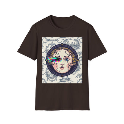 Glitch retro cracked porcelain doll face- Rococo Smartphone Toile - T-Shirt — Retro Mythology Art Tee