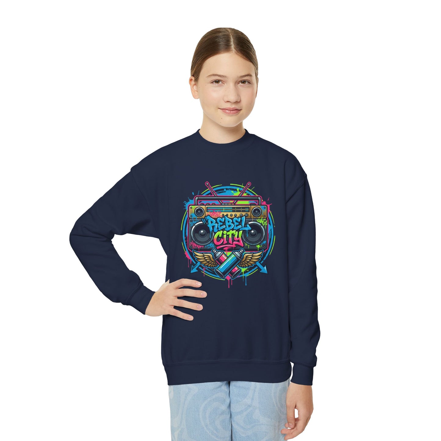 Youth Crewneck Sweatshirt — Vibrant Retro Boombox “Rebel With” spray paint Graphic