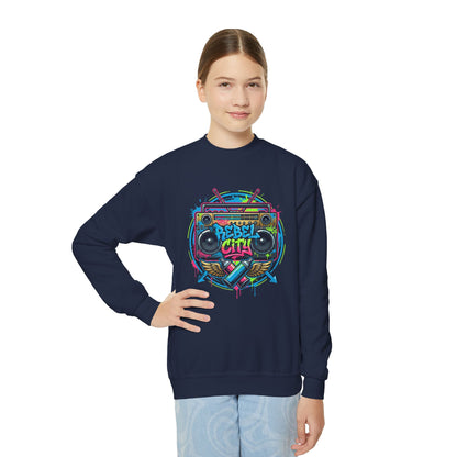 Youth Crewneck Sweatshirt — Vibrant Retro Boombox “Rebel With” spray paint Graphic