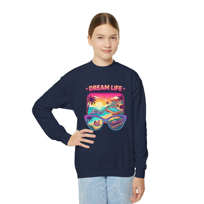 Girls Youth Crewneck Sweatshirt - "Dream Life" Tropical Sunset Graphic