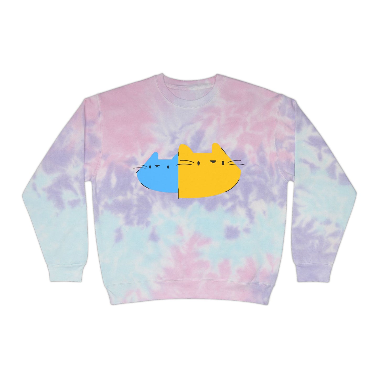 Cute Split Cat Tie-Dye Sweatshirt — Blue & Yellow Cat Graphic Crewneck