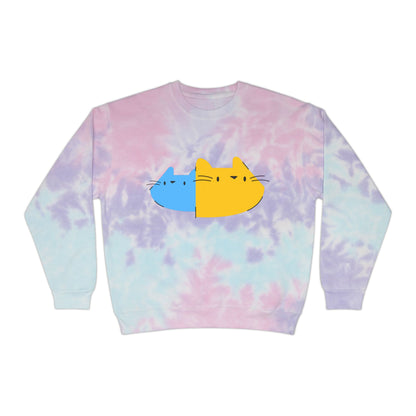 Cute Split Cat Tie-Dye Sweatshirt — Blue & Yellow Cat Graphic Crewneck