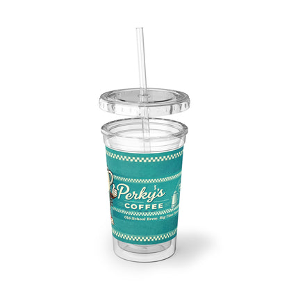 Perky’s Cafe KS -Retro diner charm in a lightweight 16oz double-walled acrylic cup. Cold up to 24 hrs, warm up to 12. BPA-free with lid + reusable straw.(free shipping)
