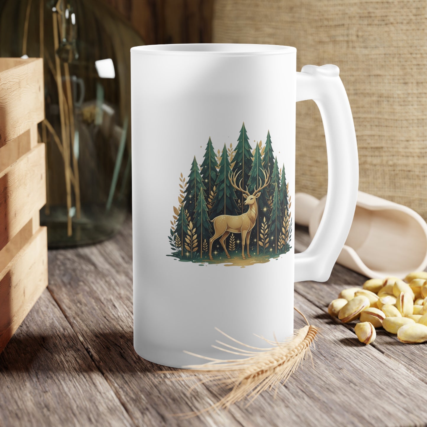 Frosted Beer Stein — Woodland Moose & Pine Forest Glass Mug