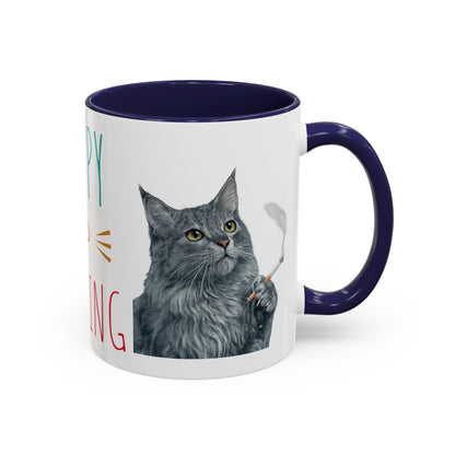 Happy and Dazzling smoking Cat Coffee Mug — Cute Cat smoking a cigarette Illustration Accent Mug (11/15 oz) (free shipping)