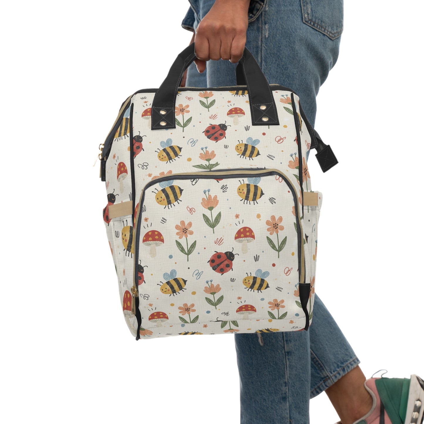 Boho- Cute Bugs Diaper Backpack — Floral Bee & Ladybug Multifunctional Nappy Bag