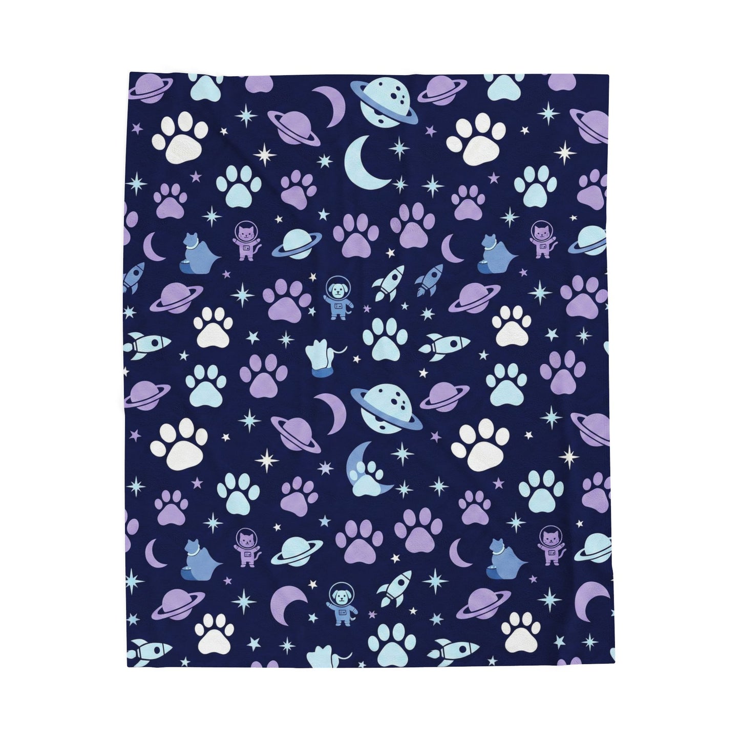 Velveteen Plush Blanket — Space Cat Paw Print Throw (Purple & Navy)