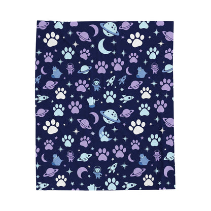 Velveteen Plush Blanket — Space Cat Paw Print Throw (Purple & Navy)