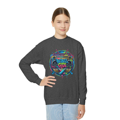 Youth Crewneck Sweatshirt — Vibrant Retro Boombox “Rebel With” spray paint Graphic