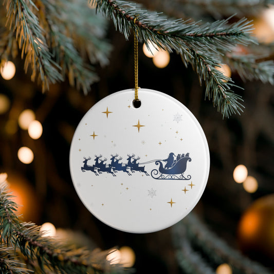 Ceramic Christmas Ornament — Santa Sleigh & Reindeer Holiday Decoration