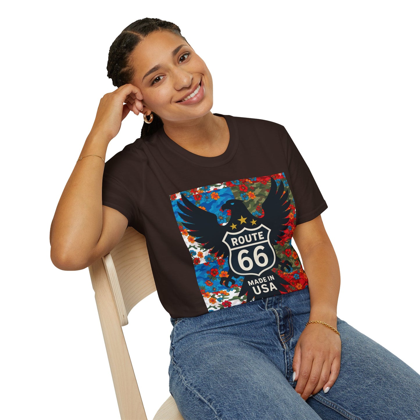 Route 66 Made in USA T-Shirt — Vintage Eagle Floral Roadtrip Tee- camo flower combo T-shirt