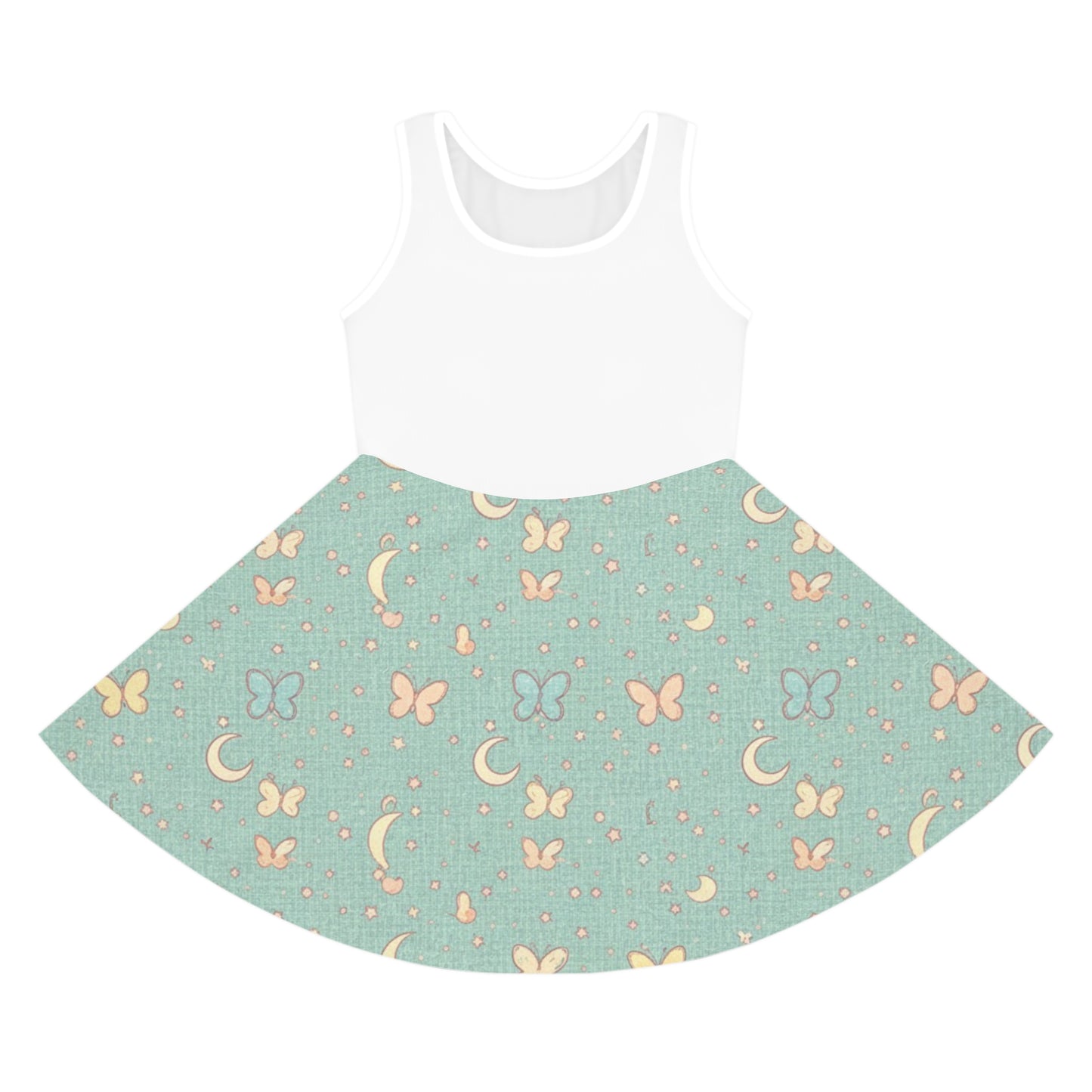 Girls' Moon & Butterfly Sundress — Aqua Patterned Sleeveless Dress