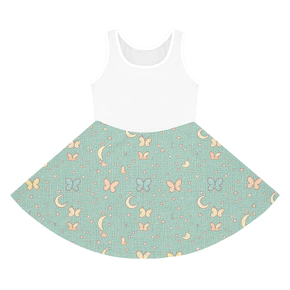 Girls' Moon & Butterfly Sundress — Aqua Patterned Sleeveless Dress