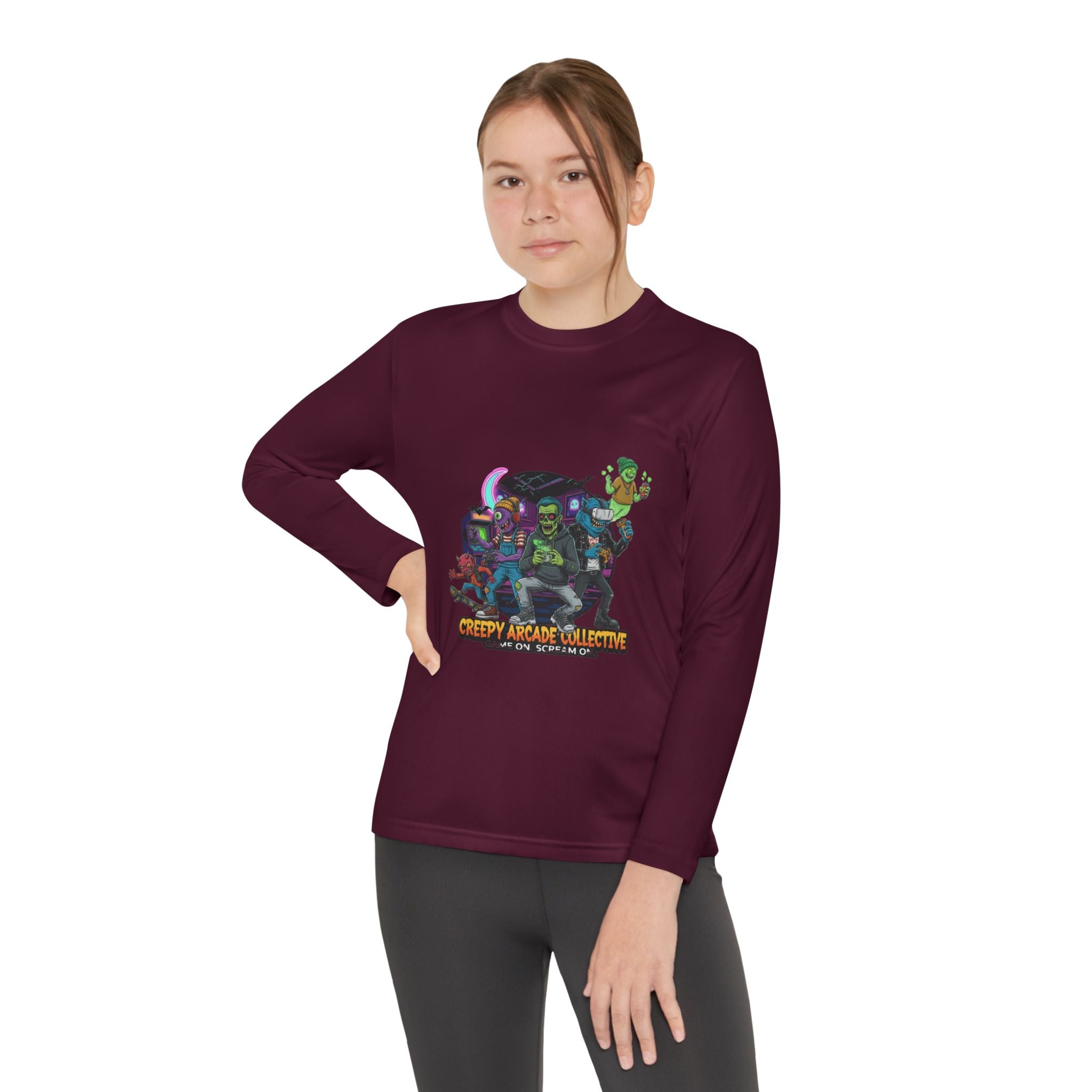 Creepy Arcade Collecting Youth Long Sleeve Tee, Kids Gamer Shirt, Halloween Costume, Teen Casual Wear, Fantasy T-Shirt