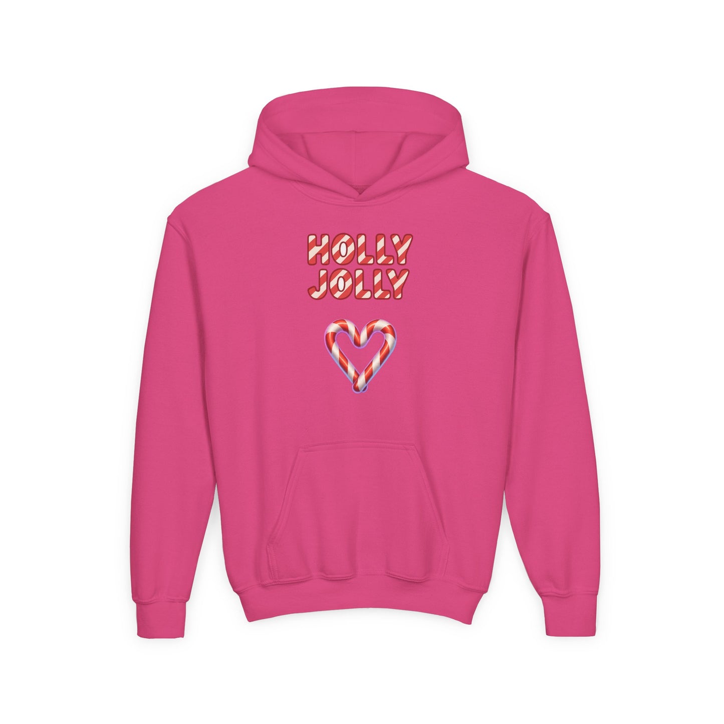 Youth Hoodie — "Holly Jolly" Candy Cane Heart Christmas Sweatshirt