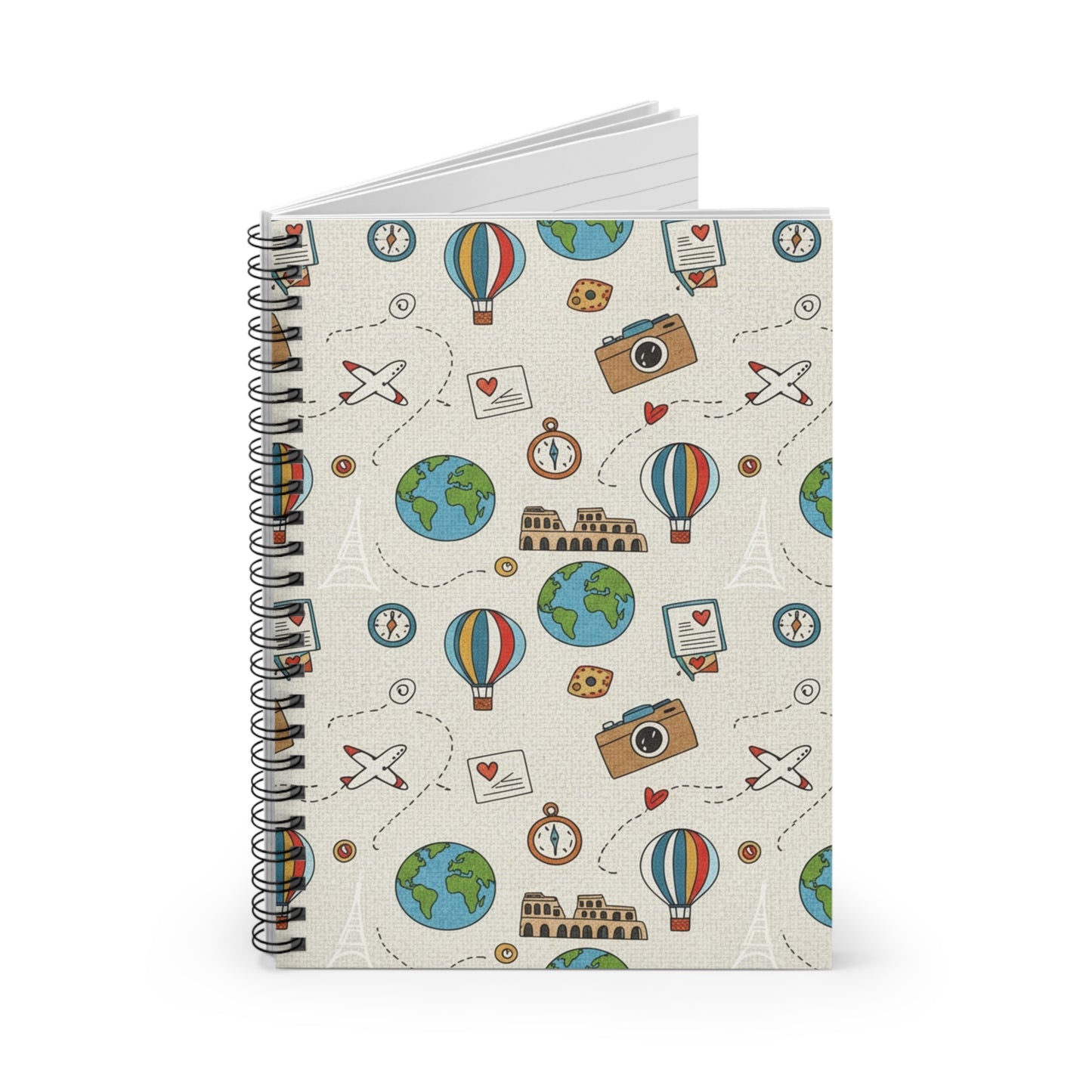 Travel Doodles Spiral Notebook — Ruled Travel Journal with Globe, Hot Air Balloon & Camera Pattern
