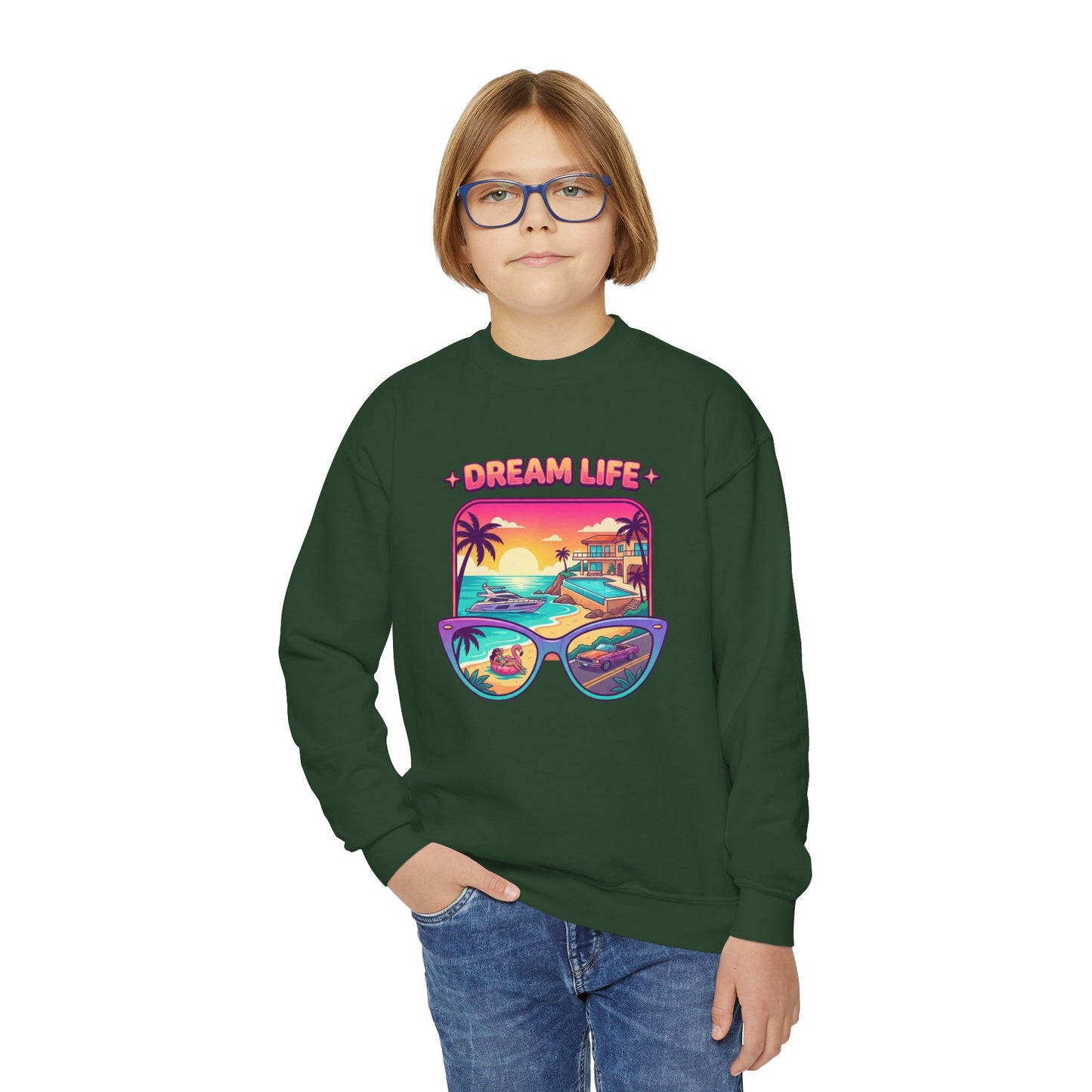 Girls Youth Crewneck Sweatshirt - "Dream Life" Tropical Sunset Graphic
