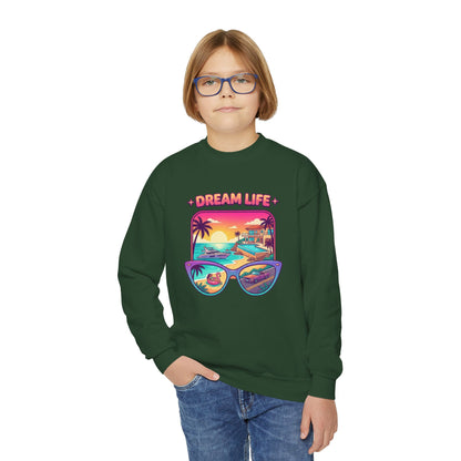 Girls Youth Crewneck Sweatshirt - "Dream Life" Tropical Sunset Graphic