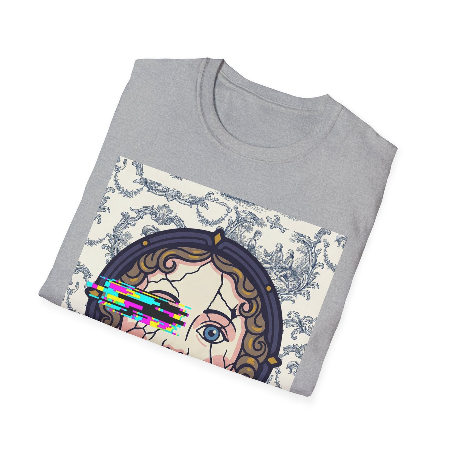 Glitch retro cracked porcelain doll face- Rococo Smartphone Toile - T-Shirt — Retro Mythology Art Tee