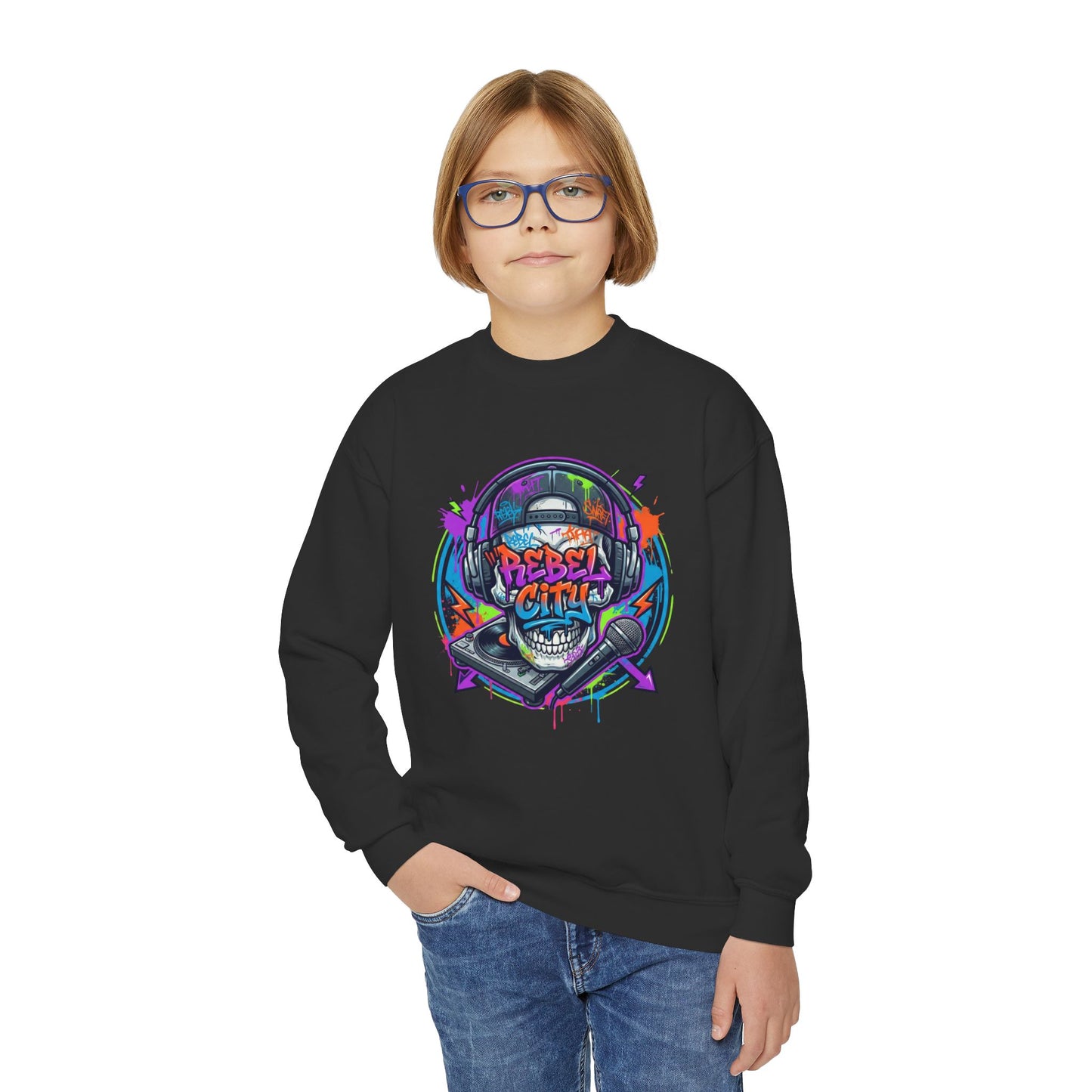 Youth Crewneck Sweatshirt — Neon spray paint rebel Skull 'Rebel With A Cause' Graphic