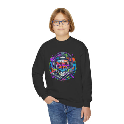 Youth Crewneck Sweatshirt — Neon spray paint rebel Skull 'Rebel With A Cause' Graphic